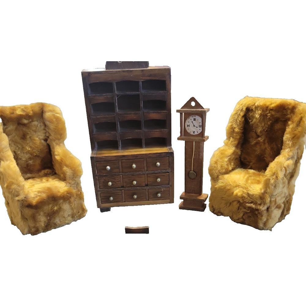 Mixed lot Miniature Dollhouse Faux fur Chairs Vtg cupboard Tall clock READ